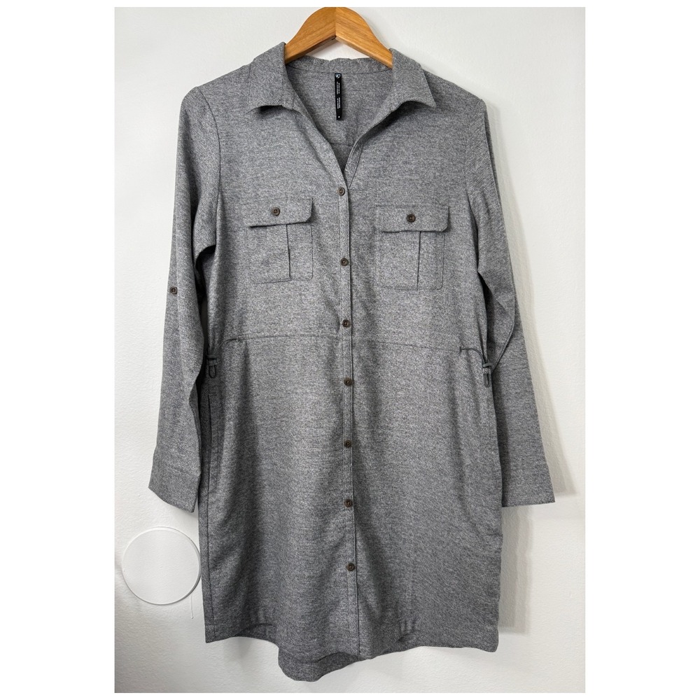 KUHL Whisper Flannel Dress Womens Small Gray Roll Tab Sleeve Pockets Never Worn